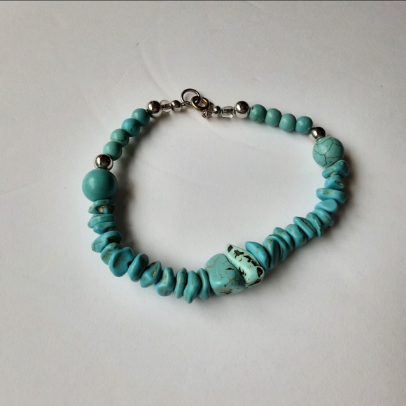 Faux Turquoise Beaded Metal Flower Choker Necklace Bracelet Set Southwestern - Picture 6 of 9